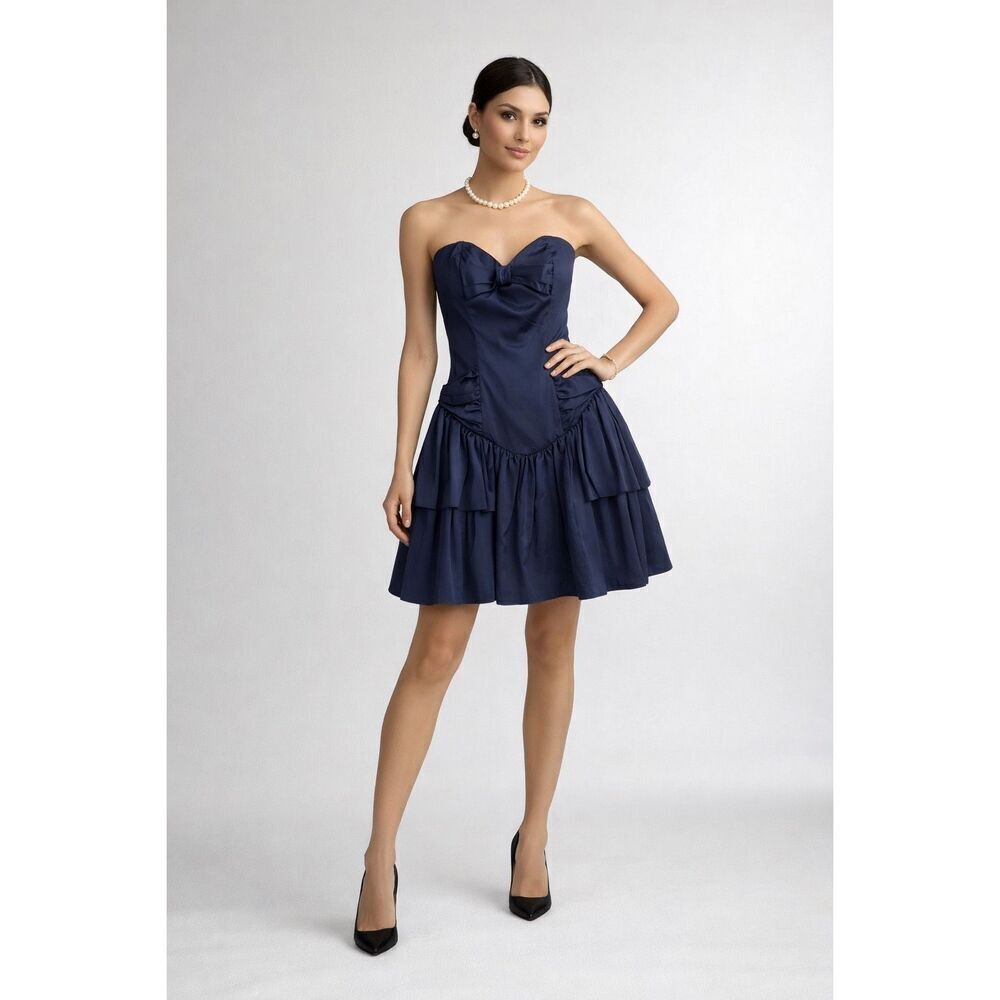 Vintage 80s Gunne SaxxβJessica McClintock Blue Satin Strapless Mini Dress Size 1